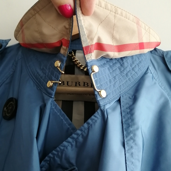 Burberry Double Breasted Blue Nylon Trench Coat Ruffle Trim Waist Belt US 12 - Picture 5 of 17